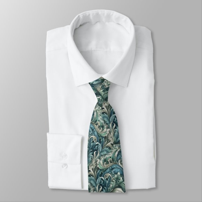 Slate Blue Teal Green Grey Paisley Art Pattern Tie (Tied)