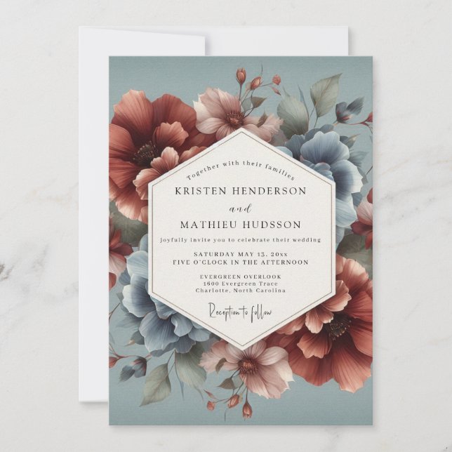 Slate Blue Terra Bloom Wedding Invitation (Front)