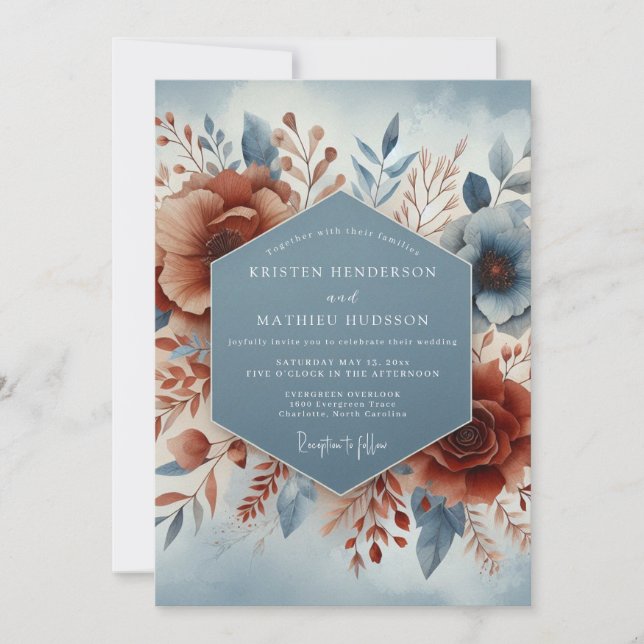 Slate Blue Terracotta Bloom Wedding Invitation (Front)