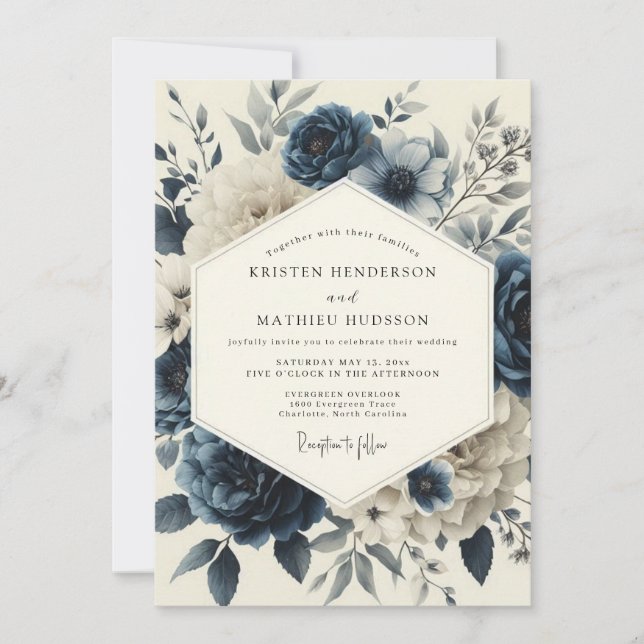 Slate Blue Twilight Bloom Wedding Invitation (Front)