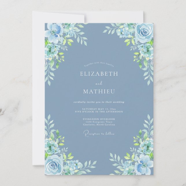 Slate Blue Verdant Blossom Wedding Invitation (Front)