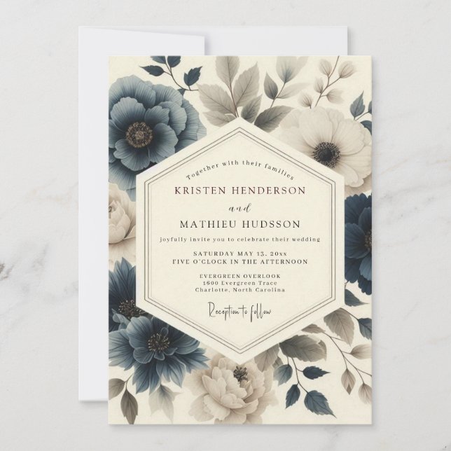 Slate Blue Vintage Flora Wedding Invitation (Front)