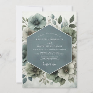 Slate Blue Watercolor Bloom Wedding Invitation