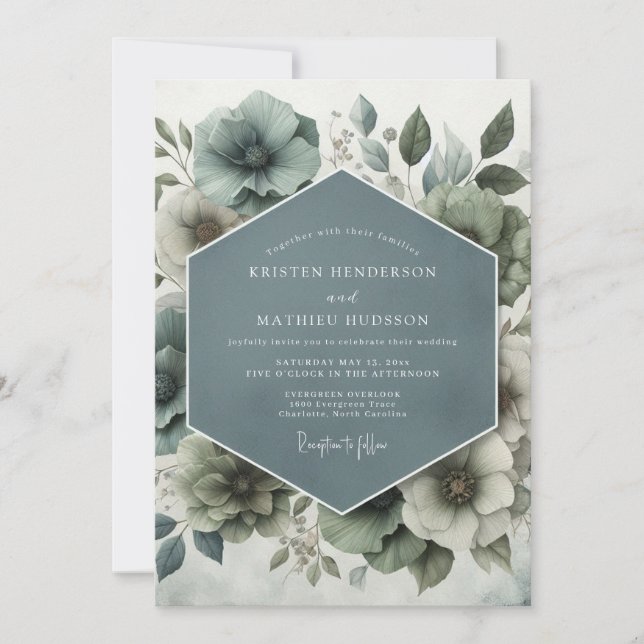 Slate Blue Watercolor Bloom Wedding Invitation (Front)
