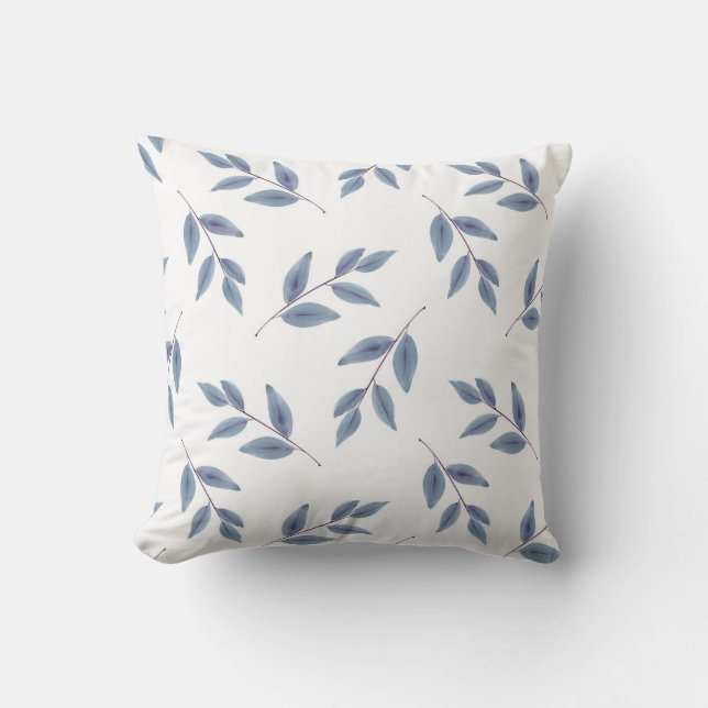 Slate Blue Watercolor Leaves Pattern Cushion (Front)
