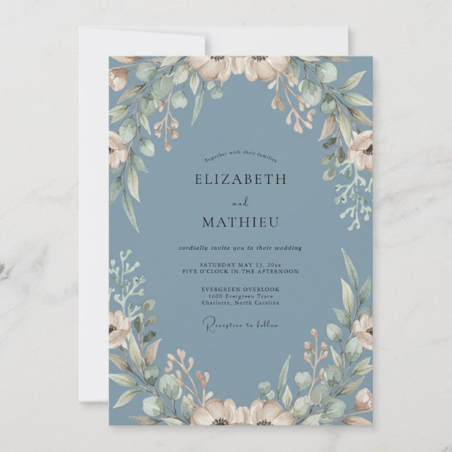Slate Blue Whimsical Bloom Wedding Invitation (Front)