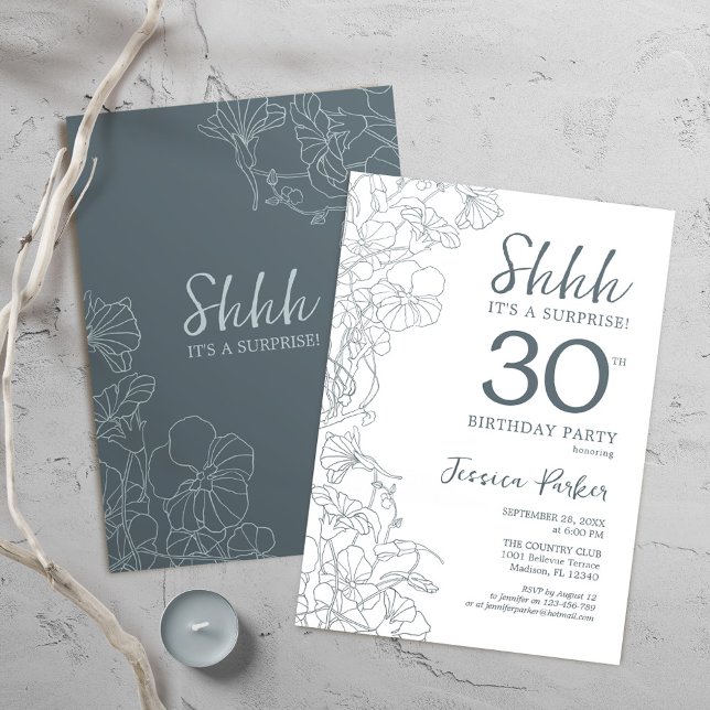 Slate Blue White Botanical Surprise 30th Birthday Invitation (Creator Uploaded)