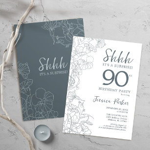 Slate Blue White Botanical Surprise 90th Birthday Invitation