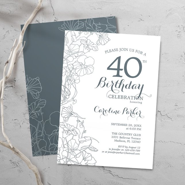 Slate Blue White Floral 40th Birthday Party Invitation (Creator Uploaded)