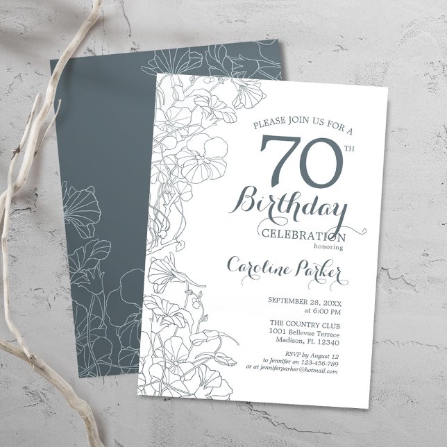 Slate Blue White Floral 70th Birthday Party Invitation (Creator Uploaded)