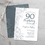 Slate Blue White Floral 90th Birthday Party Invitation<br><div class="desc">Slate Blue White Floral 90th Birthday Party Invitation. Minimalist modern design featuring botanical outline drawings accents and typography script font. Simple trendy invite card perfect for a stylish female bday celebration. Can be customised to any age. Printed Zazzle invitations or instant download digital printable template.</div>