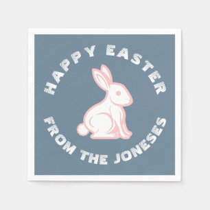 Slate Blue White Pink Happy Easter Bunny Rabbit Napkin