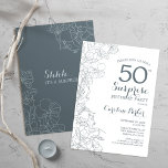 Slate Blue White Surprise 50th Birthday Party Invitation<br><div class="desc">Slate Blue White Surprise 50th Birthday Party Invitation. Minimalist modern design featuring botanical accents and typography script font. Floral invite card perfect for a stylish female surprise bday celebration. Can be customised to any age.</div>