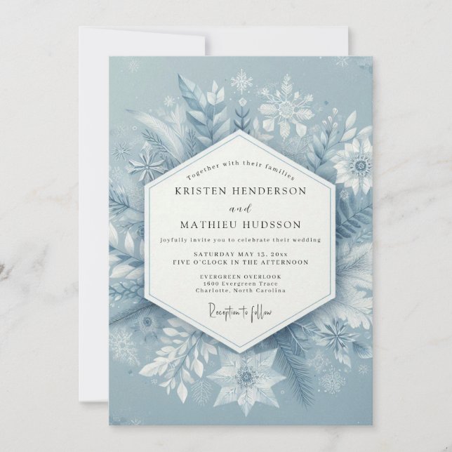 Slate Blue Winter Bloom Wedding Invitation (Front)