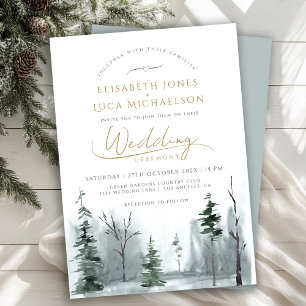 Slate Blue Winter Landscape Pine Woodland Wedding Invitation