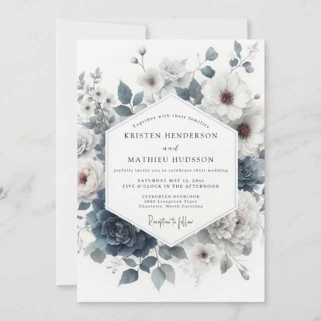 Slate Blue Wintry Anemone Wedding Invitation (Front)