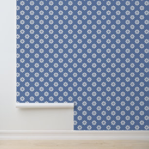 Slate Blue with Pattern of White Daisies Wallpaper