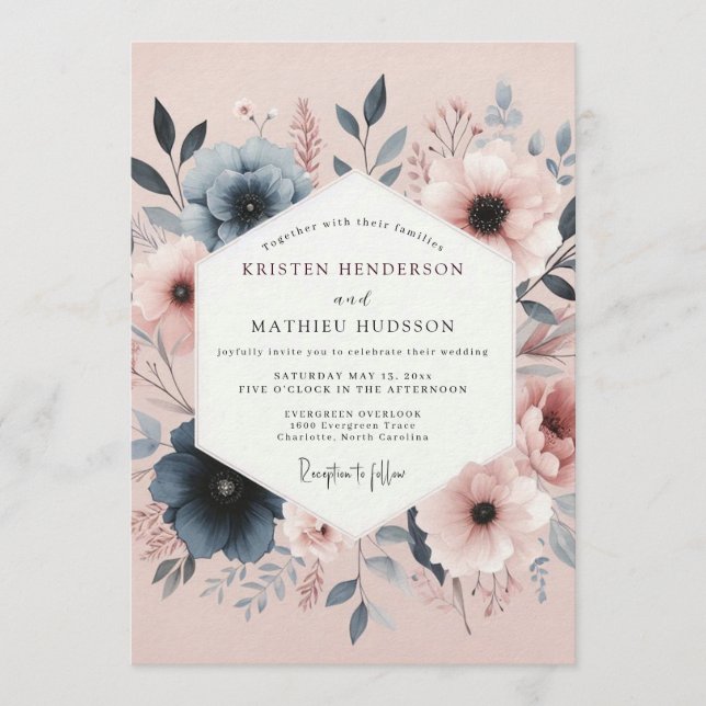 Slate Blush Aquarelle Posy Wedding Invitation (Front)