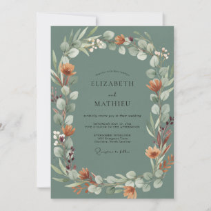 Slate Blush Peach Wreath Wedding Invitation