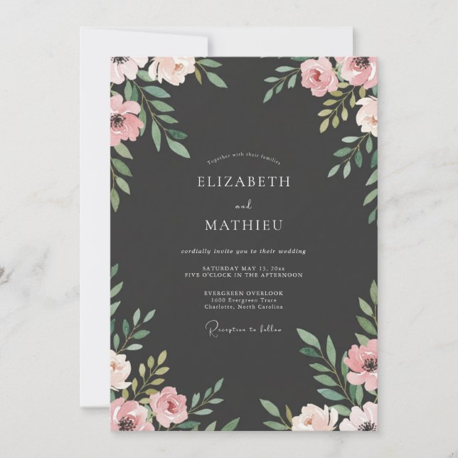 Slate Blush Pink Peony Wedding Invitation (Front)