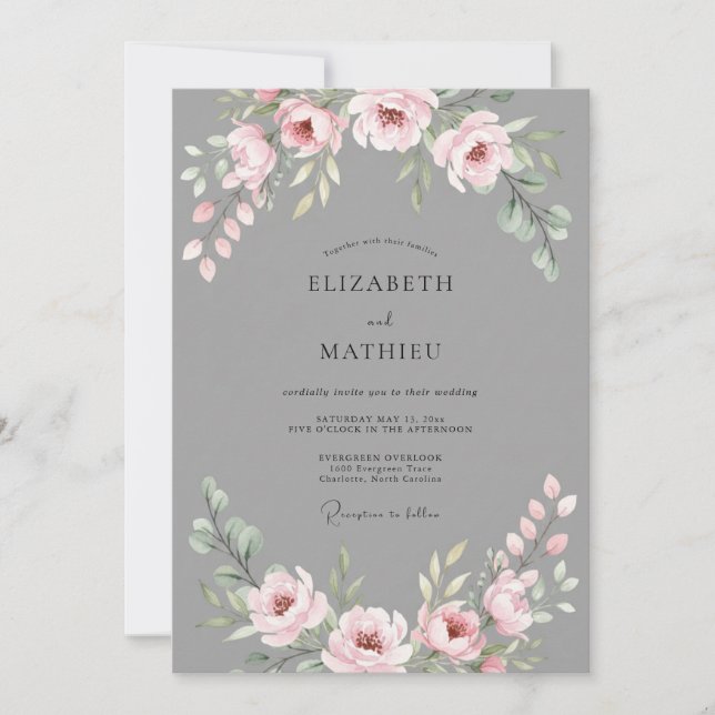 Slate Blush Pink Ranunculus Eucalyptus Wedding Invitation (Front)