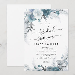Slate Boho Dusty Blue Neutral Floral Bridal Shower Invitation