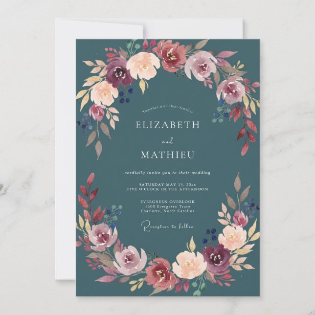 Slate Burgundy Bloom Wedding Invitation (Front)