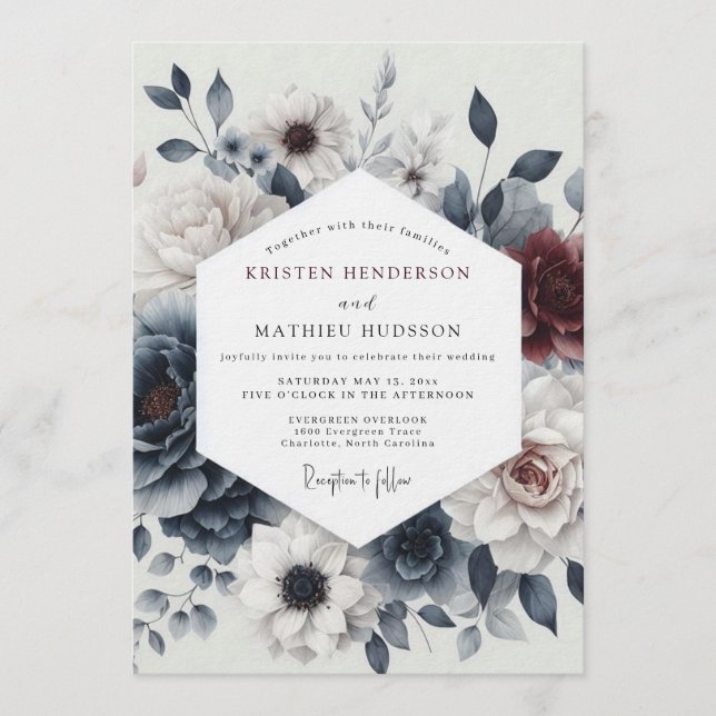 Slate Burgundy Moody Bloom Wedding Invitation (Front)