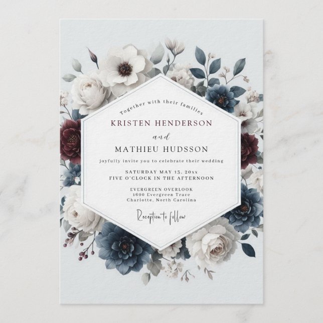 Slate Burgundy Romantic Flora Wedding Invitation (Front)