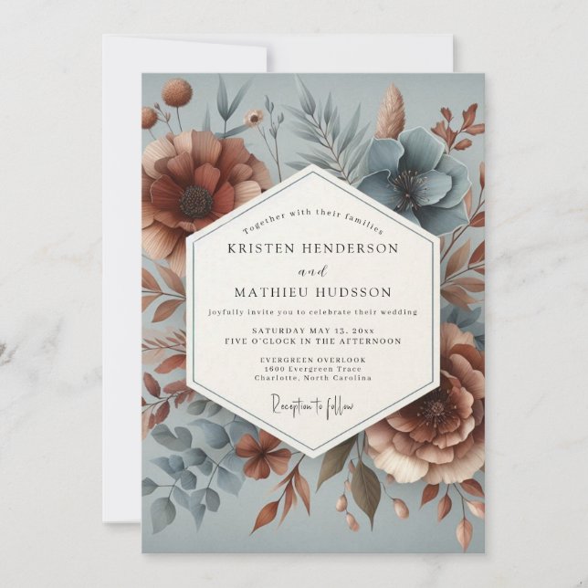 Slate & Burnt Umber Floral Wedding Invitation (Front)