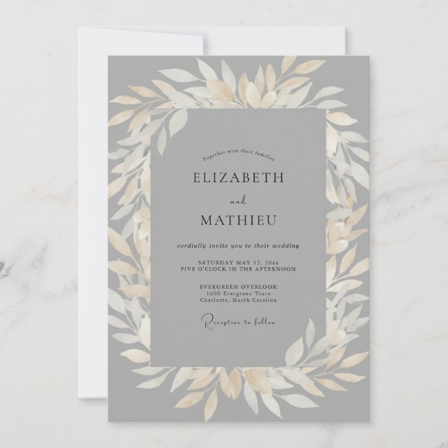 Slate Champagne Leaf Wedding Invitation (Front)