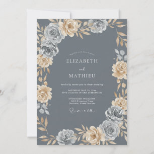 Slate Champagne Ranunculus Eucalyptus Wedding Invitation