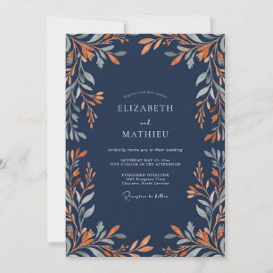 Slate Copper Leafy Wedding Invitation