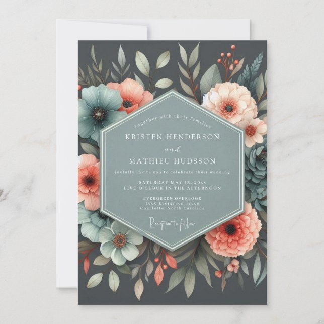 Slate Coral Botanical Wedding Invitation (Front)