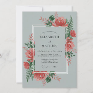 Slate Coral Leafy Wedding Invitation