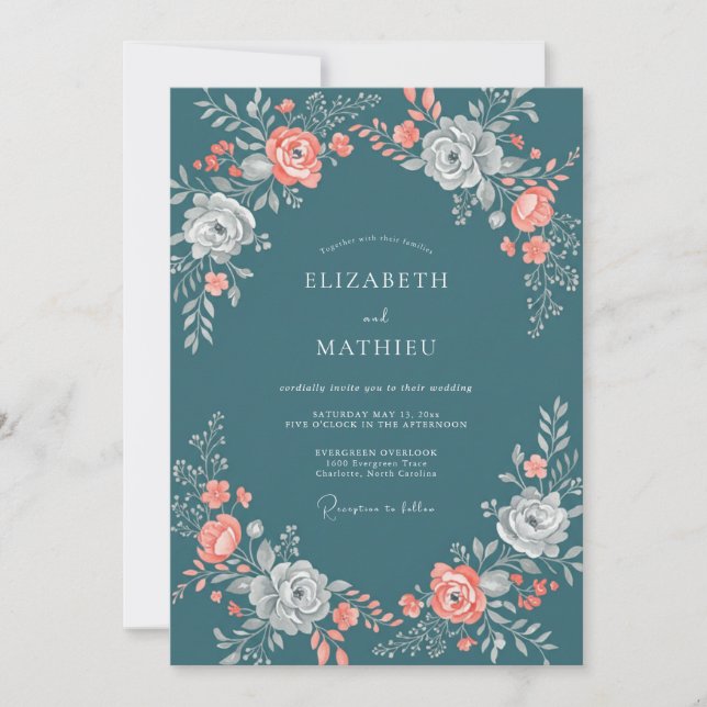 Slate Coral Ranunculus Muted Eucalyptus Wedding Invitation (Front)