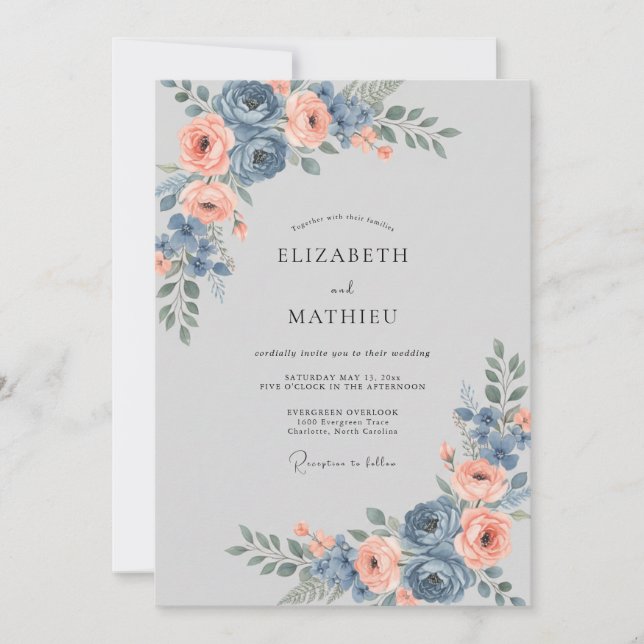 Slate Coral Ranunculus Sage Wedding Invitation (Front)