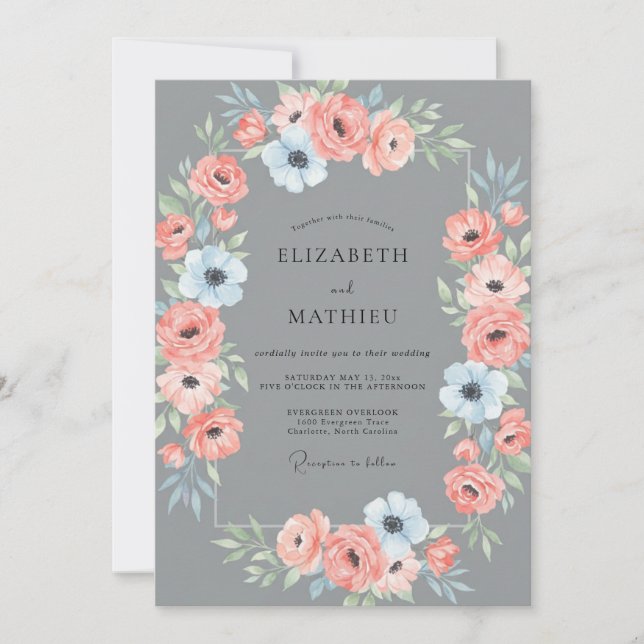 Slate Coral Ranunculus Soft Eucalyptus Wedding Invitation (Front)