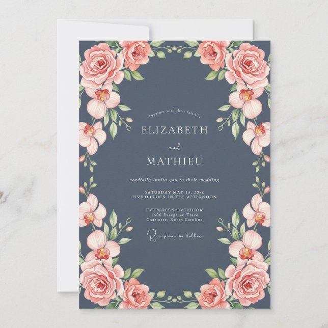 Slate Coral Rose Wedding Invitation (Front)