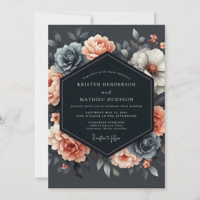 Slate Coral Twilight Flora Wedding Invitation (Front)