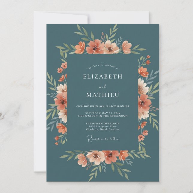 Slate Coral Wildflower Wedding Invitation (Front)