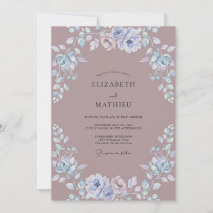 Slate Cornflower Taupe Wreath Wedding Invitation