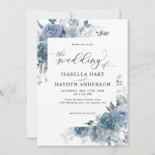 Slate Dusty Blue Boho Pastel Pampas Floral Wedding Invitation