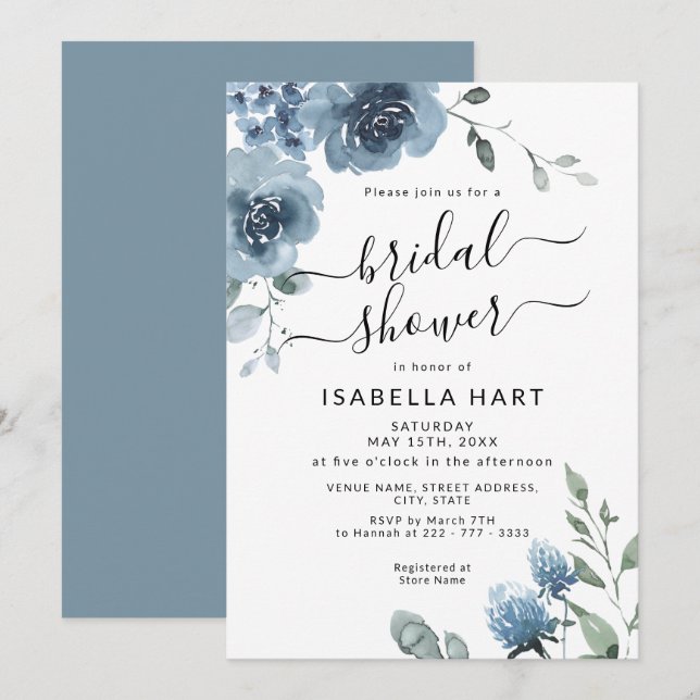 Slate Dusty Blue Floral Watercolor Bridal Shower Invitation (Front/Back)