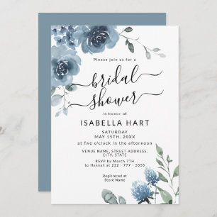 Slate Dusty Blue Floral Watercolor Bridal Shower Invitation