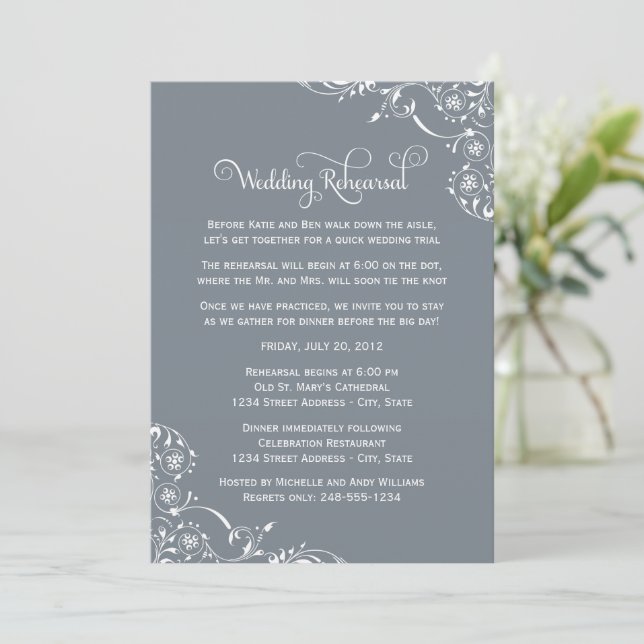 Slate Flourish Wedding Rehearsal Invitation (Standing Front)