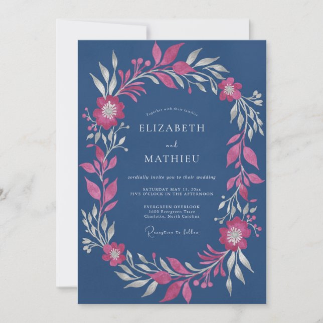 Slate Fuchsia Foliage Eucalyptus Wedding Invitation (Front)