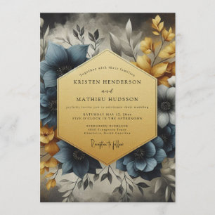 Slate & Gold Painterly Bloom Wedding Invitation