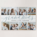 Slate | Grandkids Make Life Grand Photo Collage Jigsaw Puzzle<br><div class="desc">Create a sweet gift for a beloved grandma or grandpa with this beautiful photo collage plaque. "Grandkids make life grand" appears in the centre in smoky blue-green and grey calligraphy script lettering. Customise with eight photos of their grandchildren.</div>