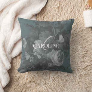 Slate Green Vintage Floral Still Life Artistic Cushion